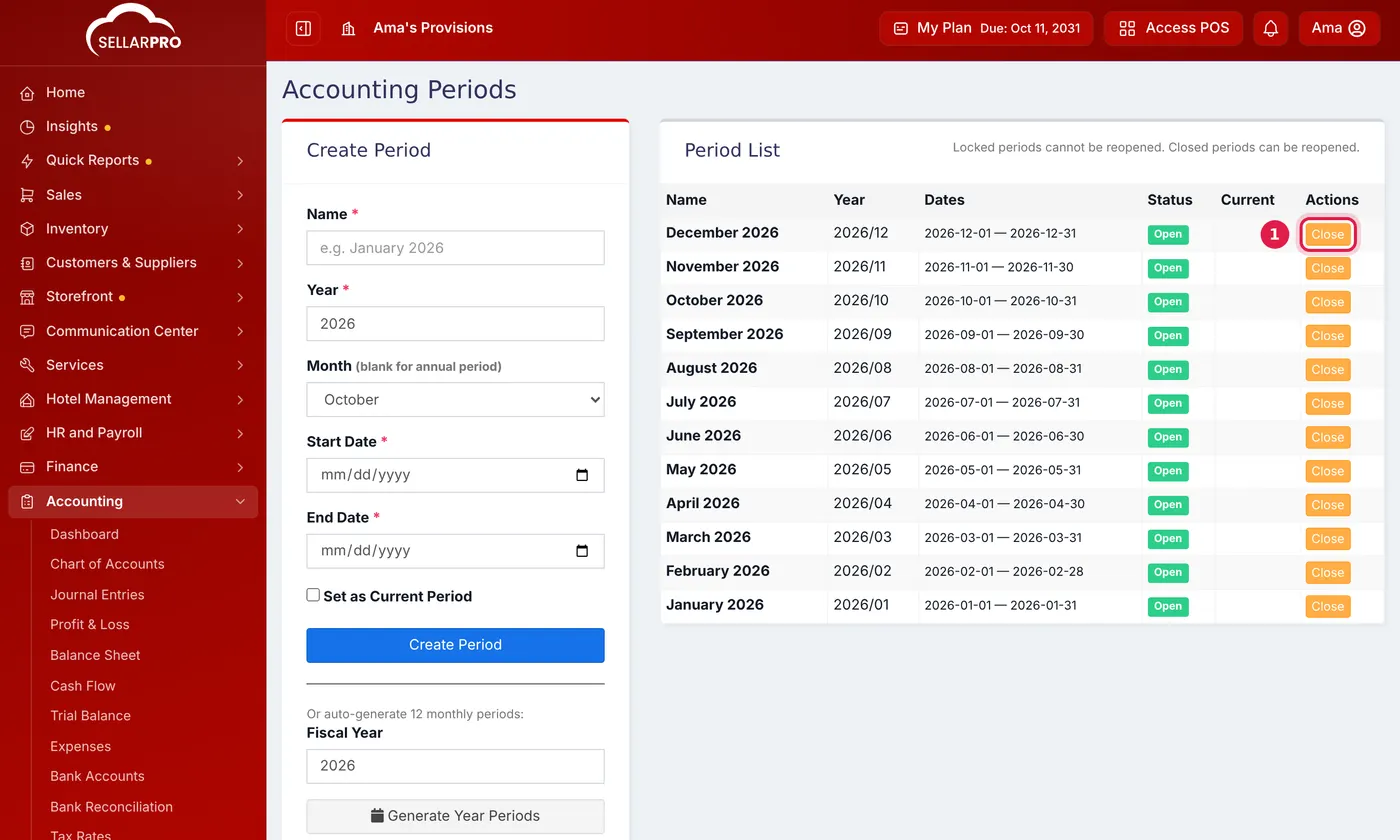 The Accounting Periods page with twelve monthly periods for 2026, all Open, and a Close button outlined