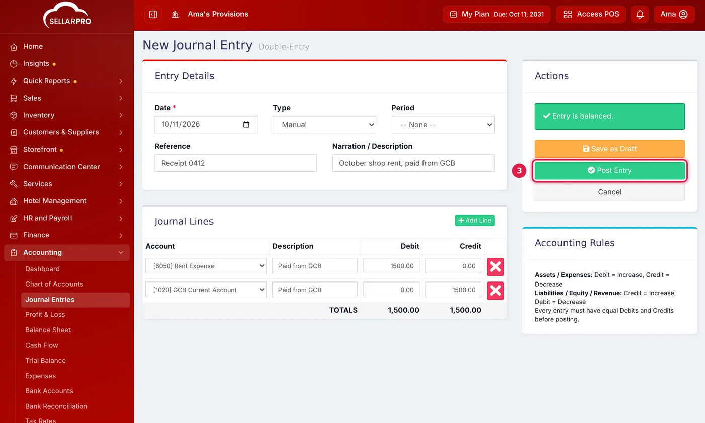A new journal entry debiting Rent Expense 1,500 and crediting GCB Current Account 1,500, with Post Entry outlined