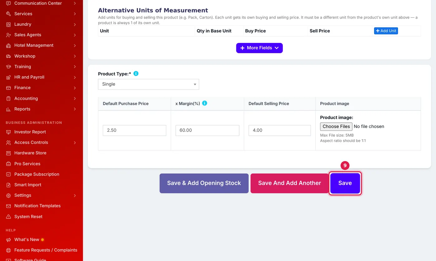 The price row with purchase price, margin and selling price, and the save buttons