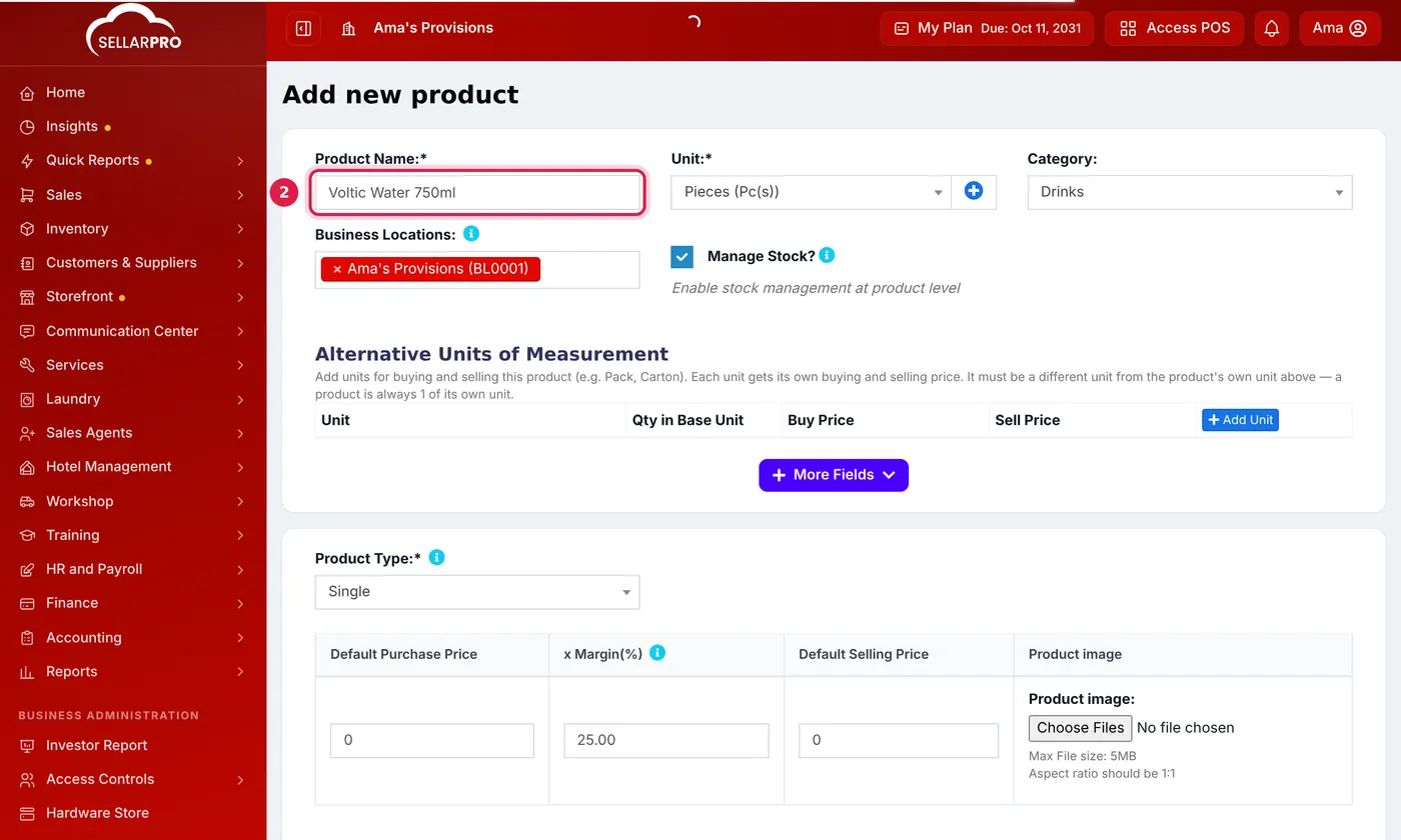 The add product form with a product name, unit and category filled in