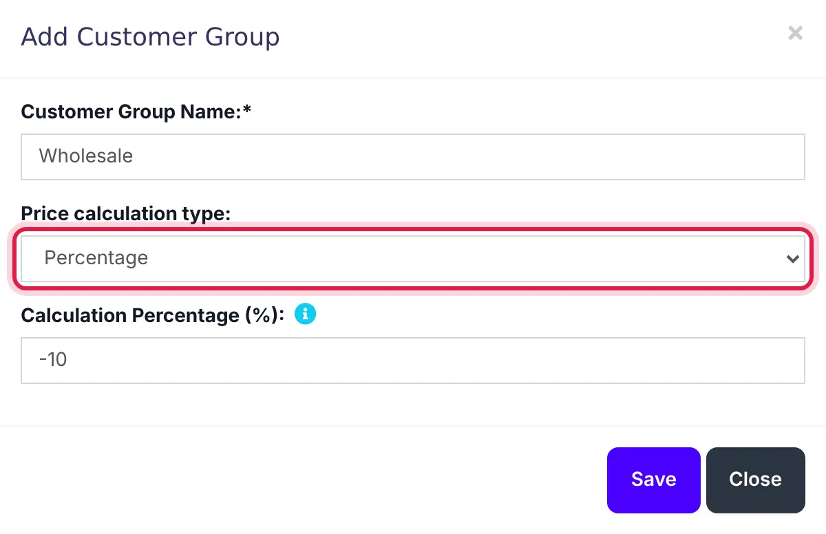 The Add Customer Group window for a Wholesale group at minus 10 percent