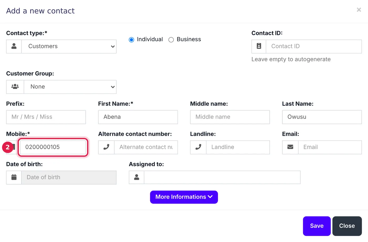 The Add a new contact window with a name and mobile number filled in