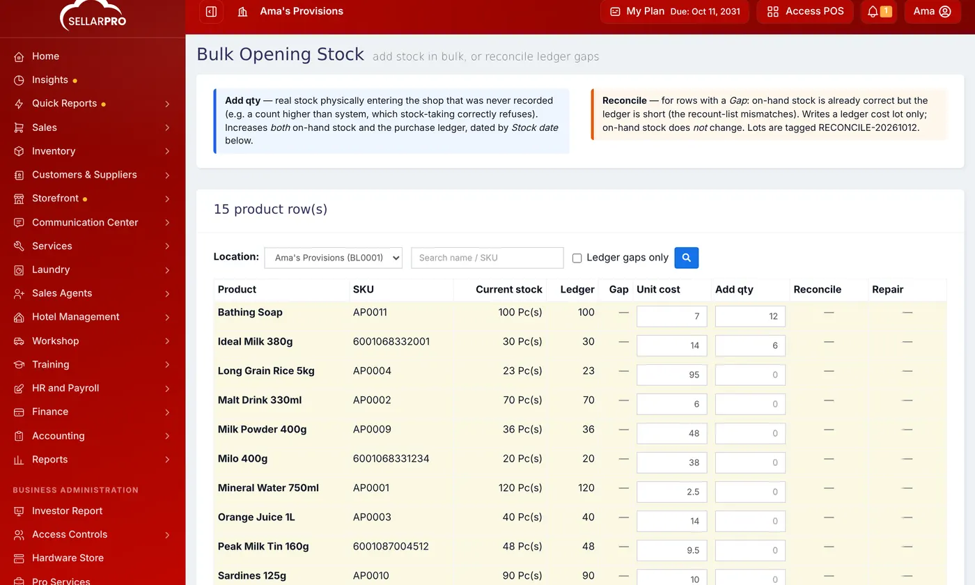 Bulk Opening Stock for Ama's Provisions with a quantity and unit cost typed against products and the Save button