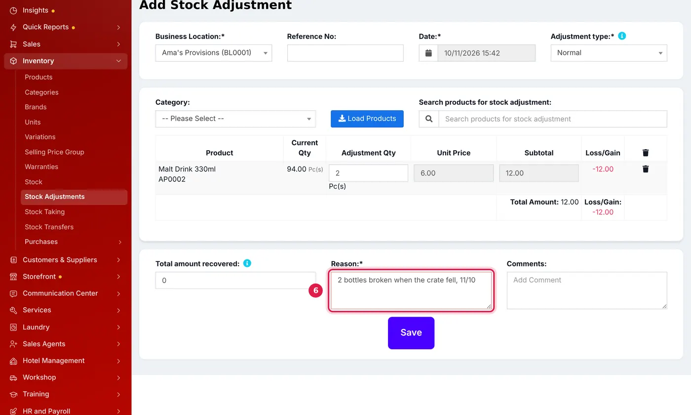 The Add Stock Adjustment form removing 2 Malt Drink 330ml, with the reason typed in