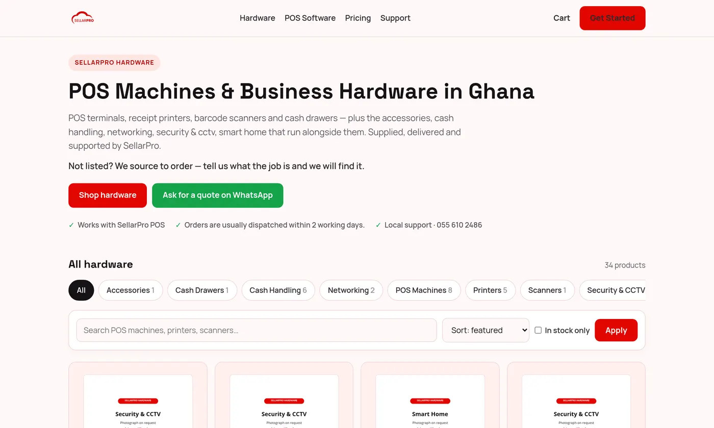 The Hardware Store with its categories and products, each with a price and a View details button