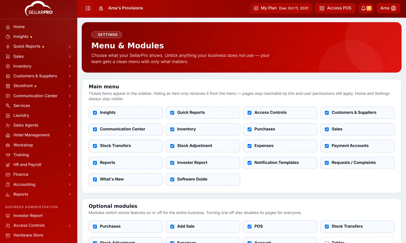 The Menu & Modules page: the Main menu ticks on top and the Optional modules list below