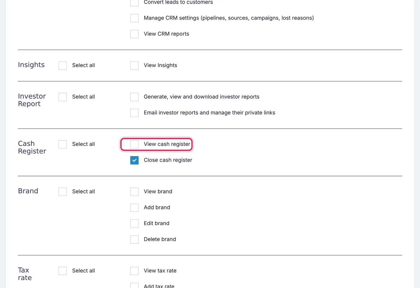 The Cash Register permissions on a role, with View cash register unticked and Close cash register ticked