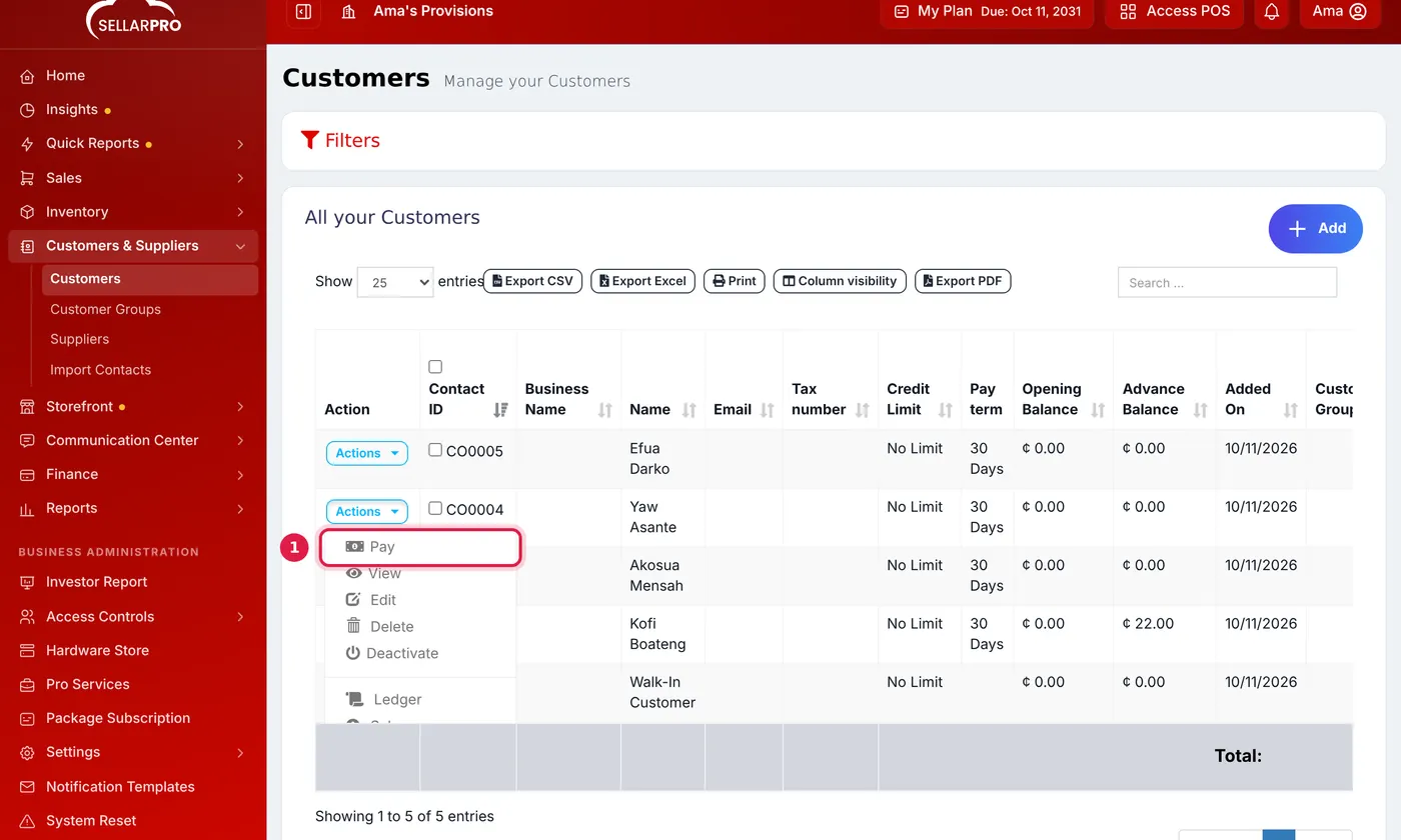 The customer list with a customer's Actions menu open and Pay outlined