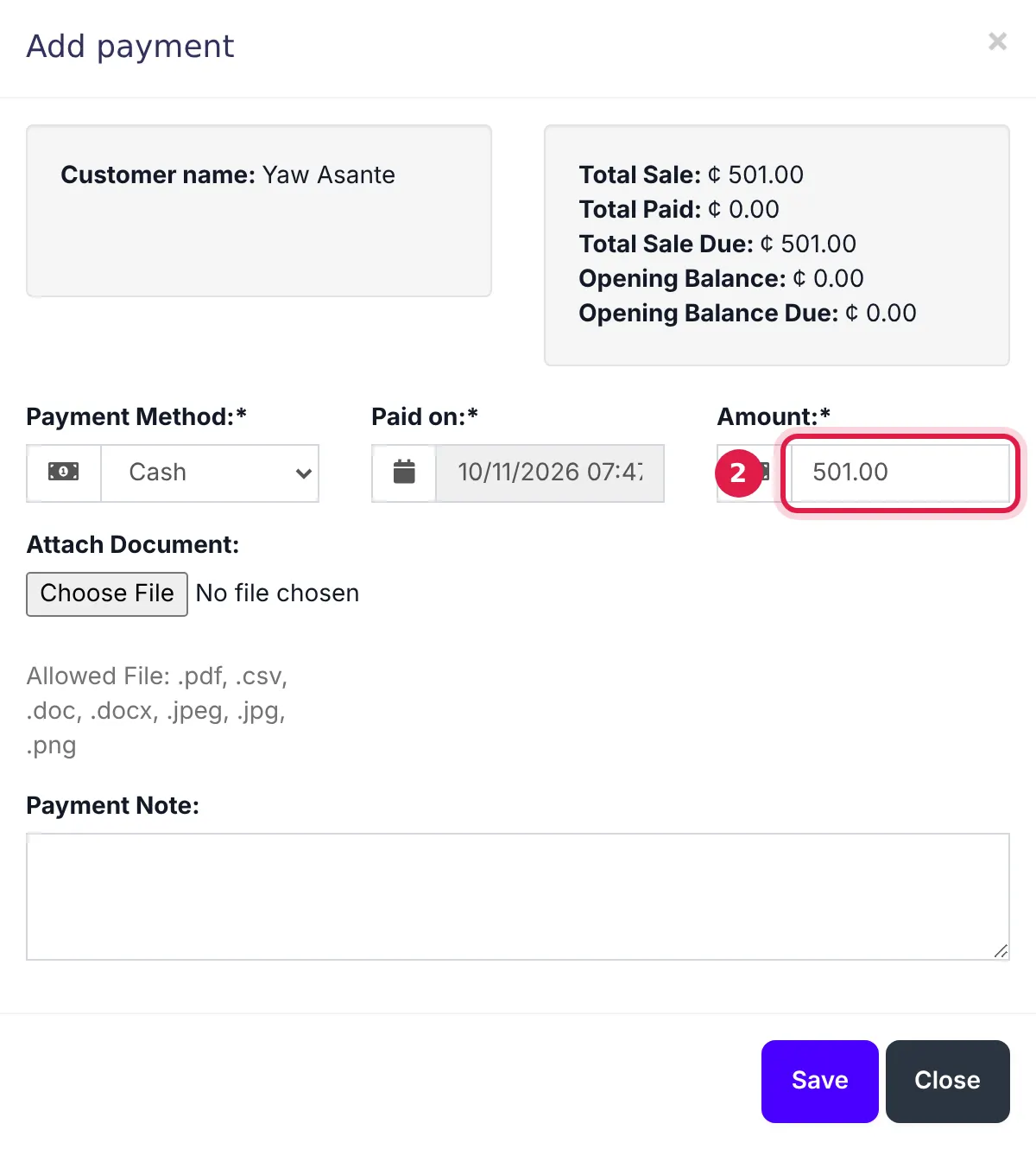 The Add payment window showing the customer's total sale, total paid and total due, with the Amount field outlined