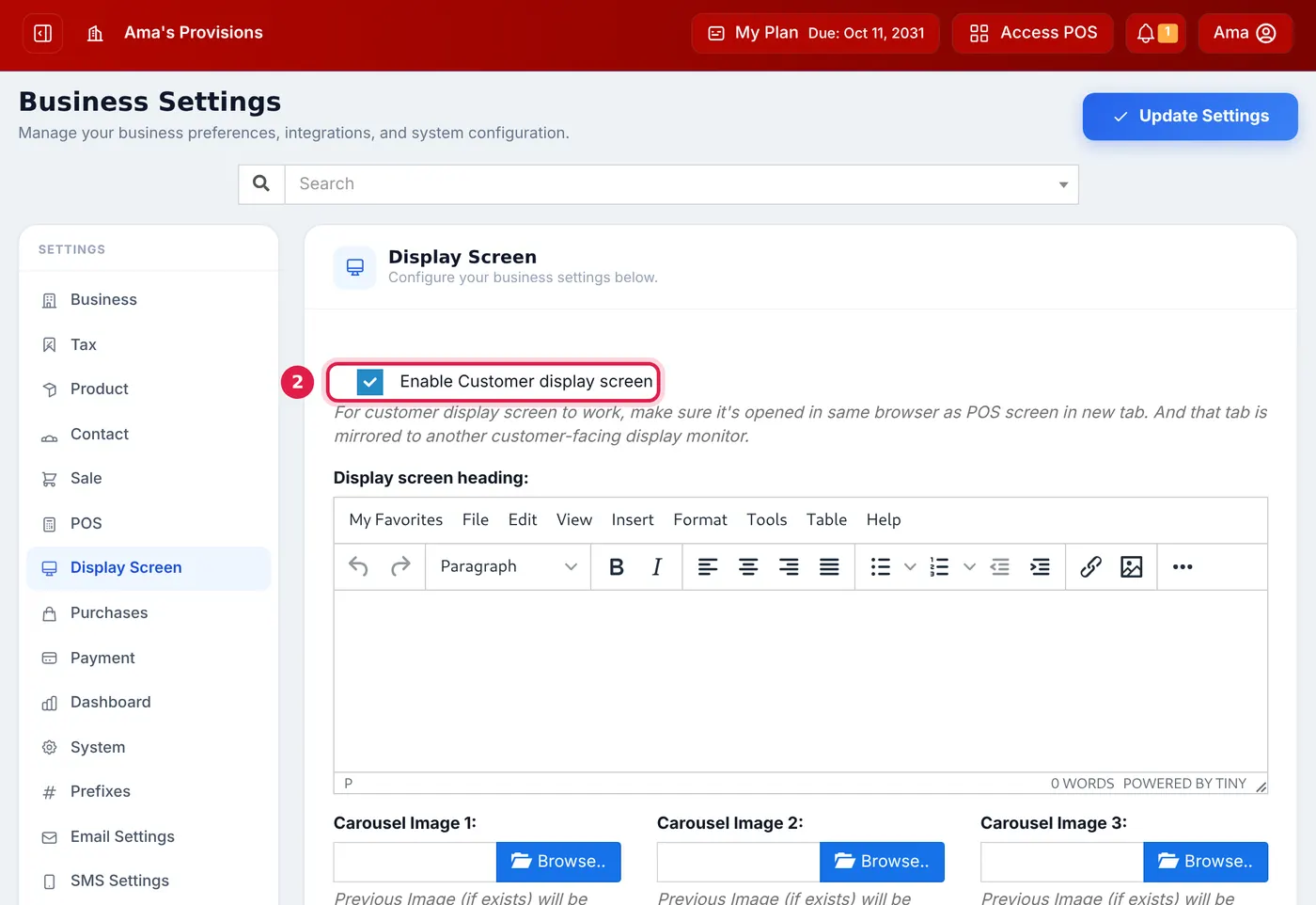 The Display Screen tab of Business Settings with Enable Customer display screen, the heading and carousel images