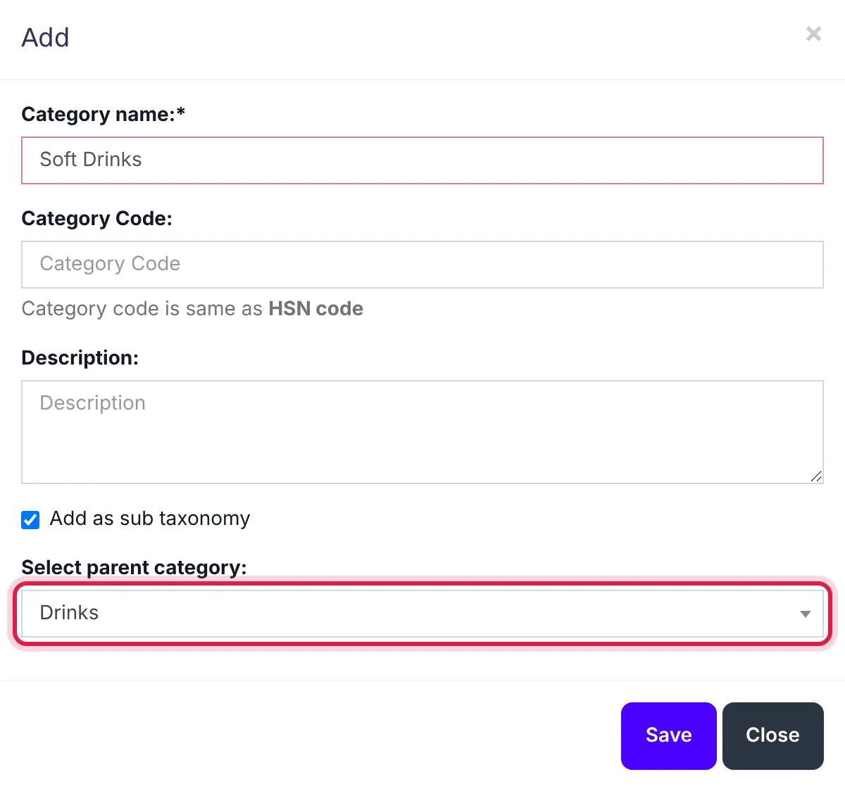 The Add category window with Soft Drinks typed, Add as sub taxonomy ticked and Drinks chosen as the parent
