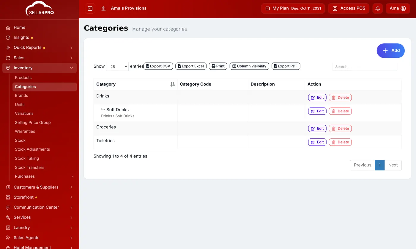 The Categories list with Soft Drinks indented under Drinks and its path Drinks › Soft Drinks beneath it