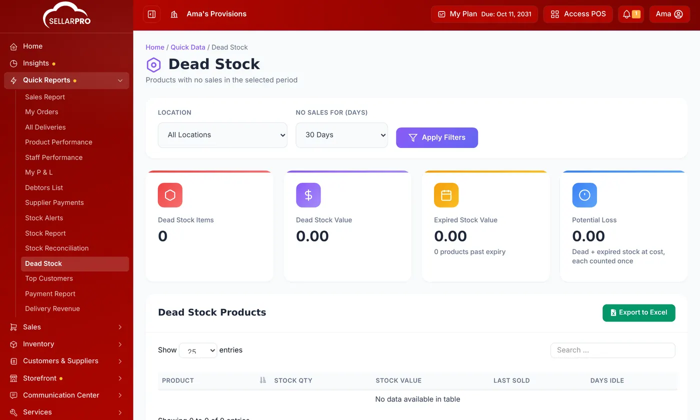 Quick Reports Dead Stock with the location and No Sales For filters and the Dead Stock Value, Expired Stock Value and Potential Loss cards