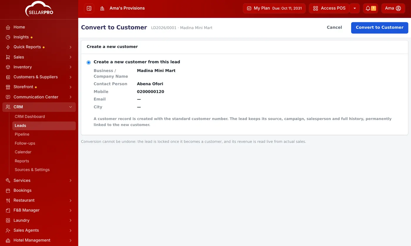 Convert to Customer for lead LD2026/0001, creating a new customer from the company, contact person and mobile