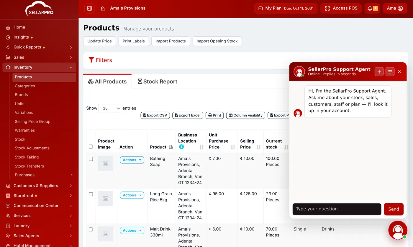 The support chat open over the Products page, ready for a question