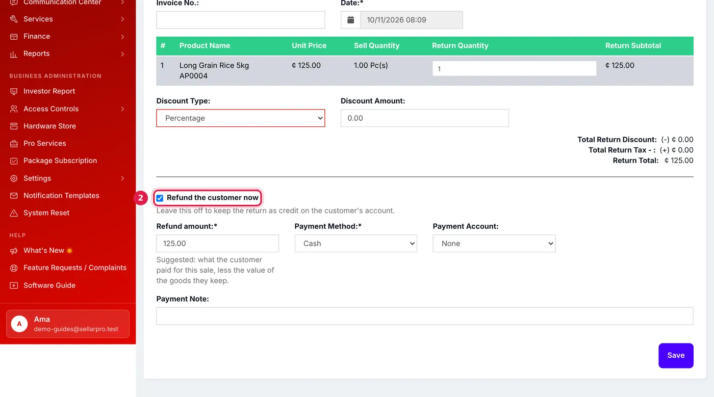 The sell return screen with one item returned and a refund ticked