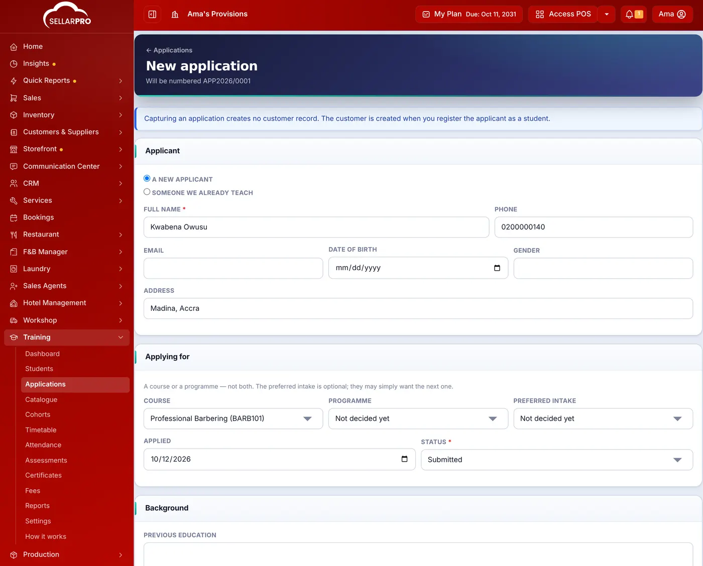 New application with the applicant's details, the course they are applying for, the preferred intake and the status