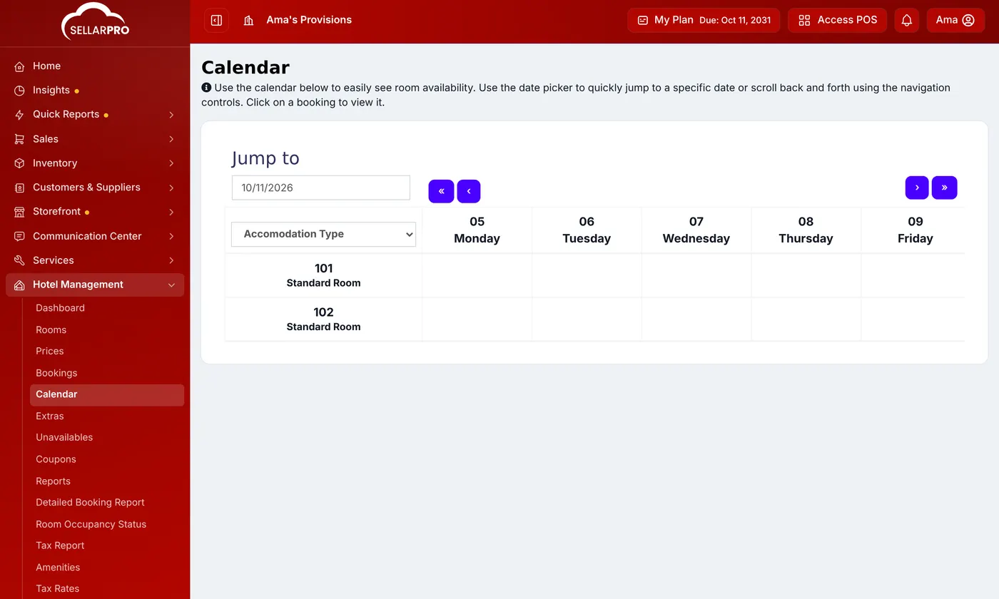 The booking calendar with rooms 101 and 102 down the side and the days of the week across the top