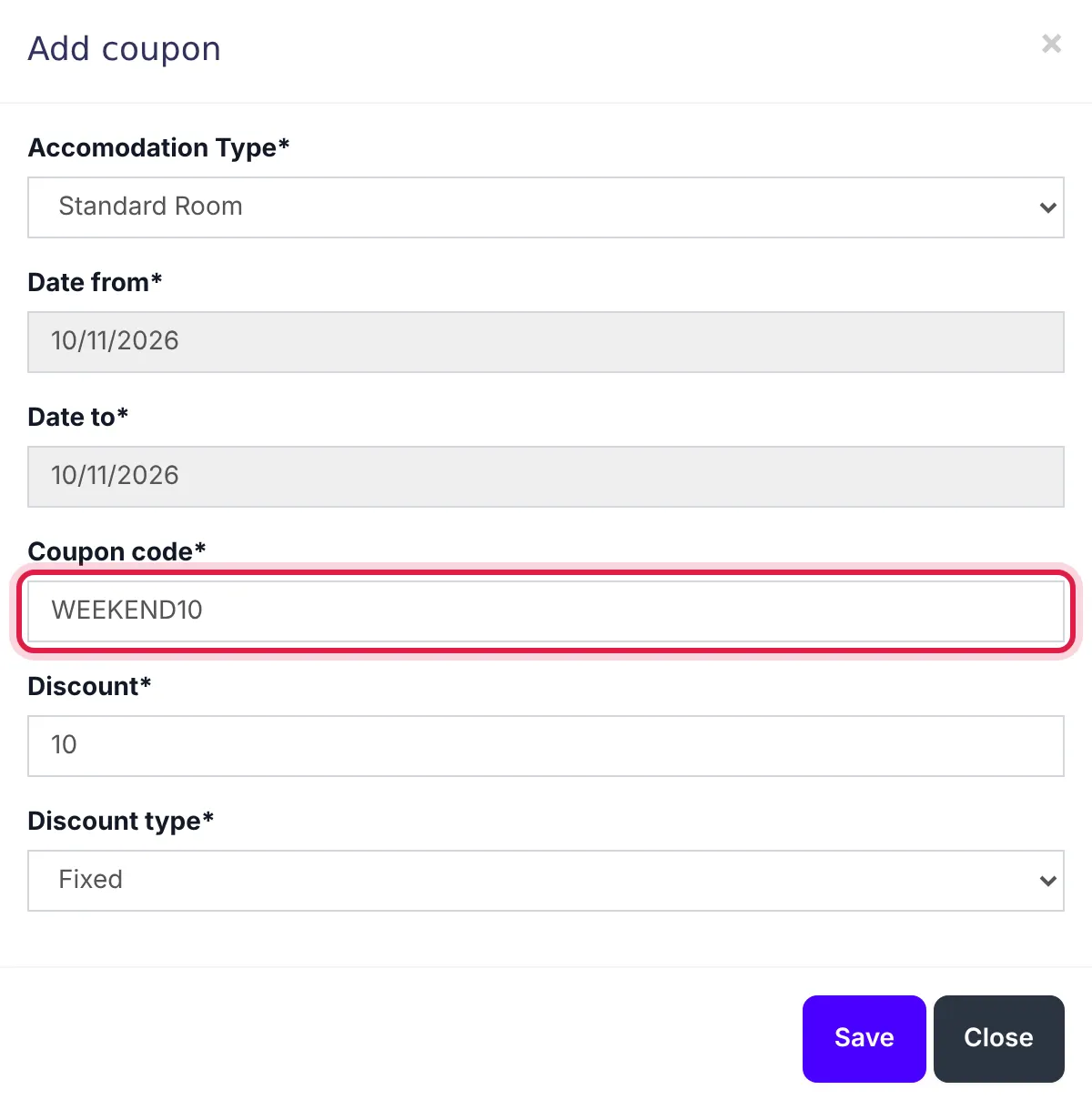 The Add coupon window creating WEEKEND10 for Standard Room