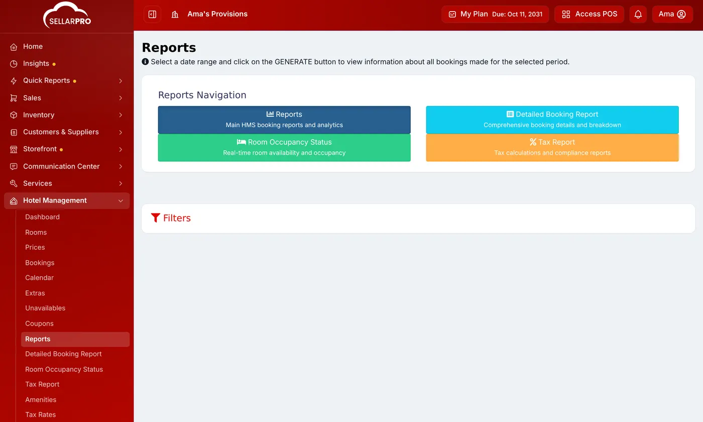The Hotel reports page with links to the detailed booking report, room occupancy status and tax report