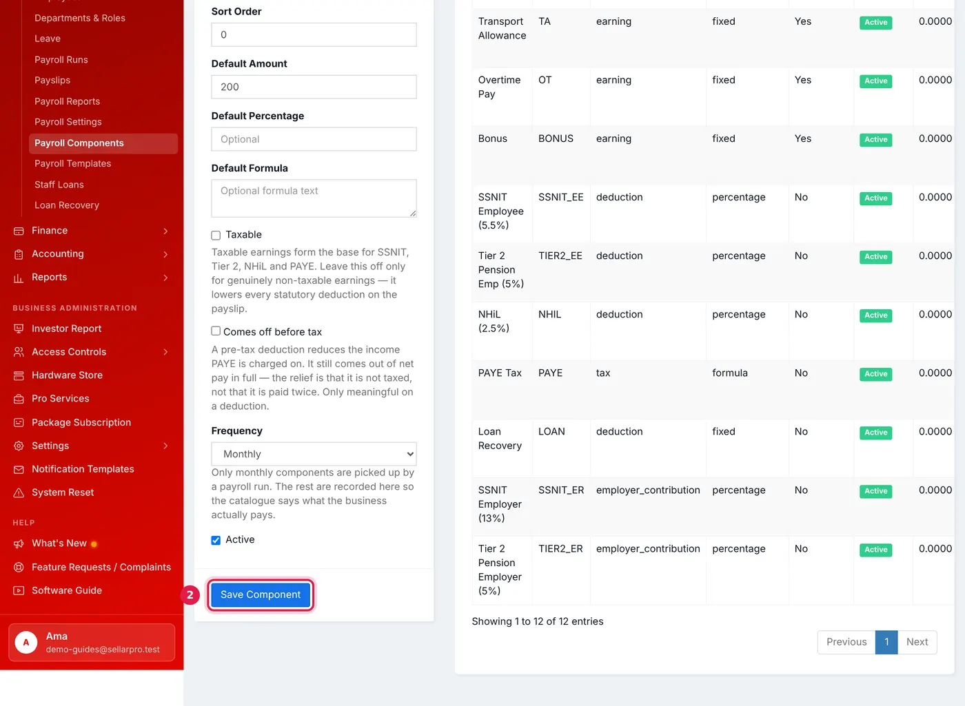 The Create Payroll Component form for a Meal Allowance of 200, beside the list of default components