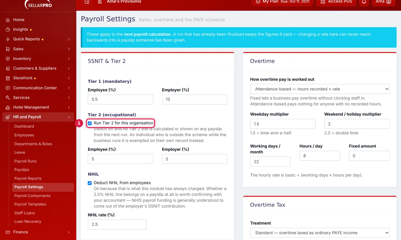 The Payroll Settings page with SSNIT and Tier 2 rates and the overtime settings