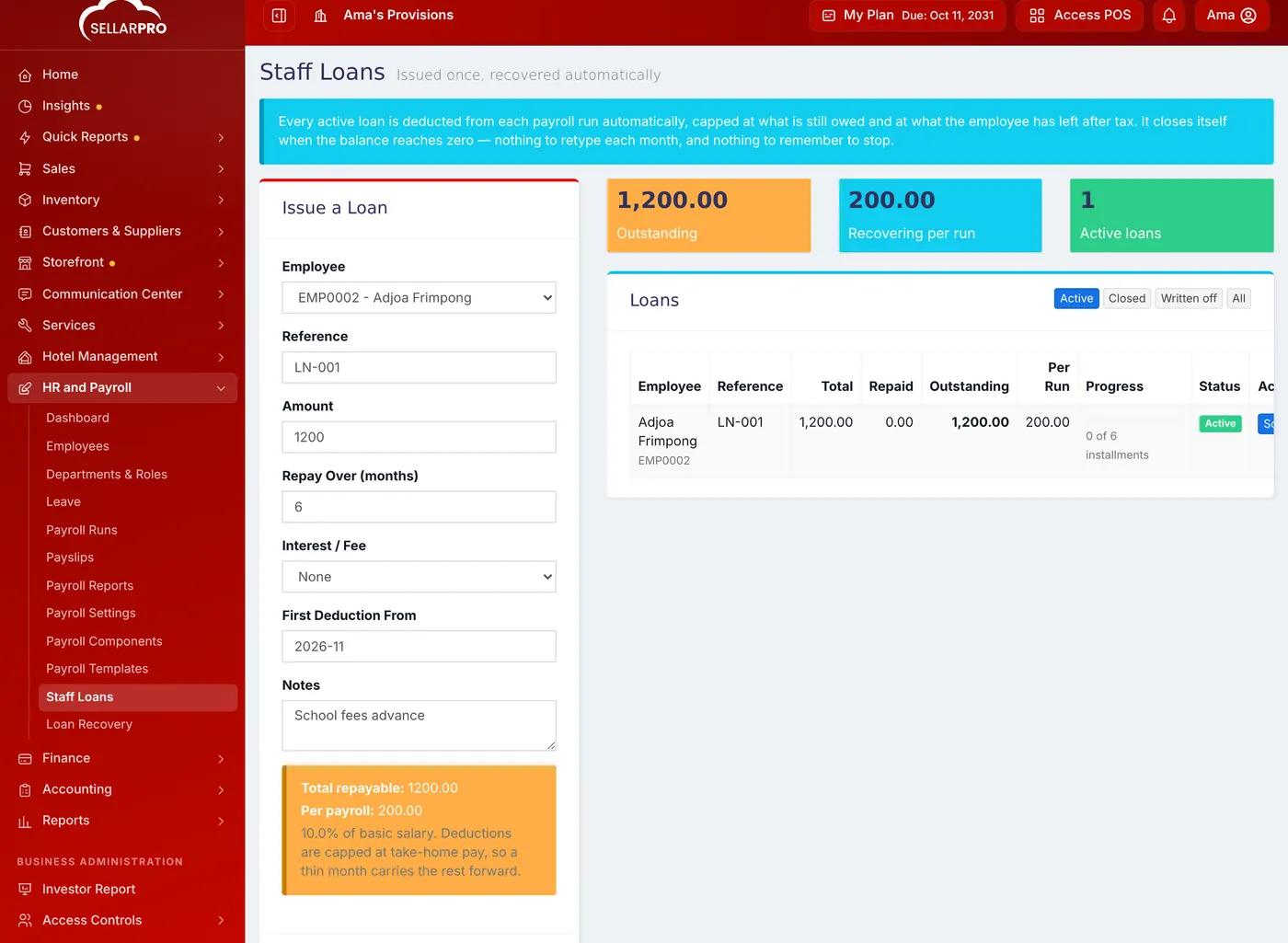 The Staff Loans page with a 1,200 loan over 6 months, its summary, and the loan listed as Active