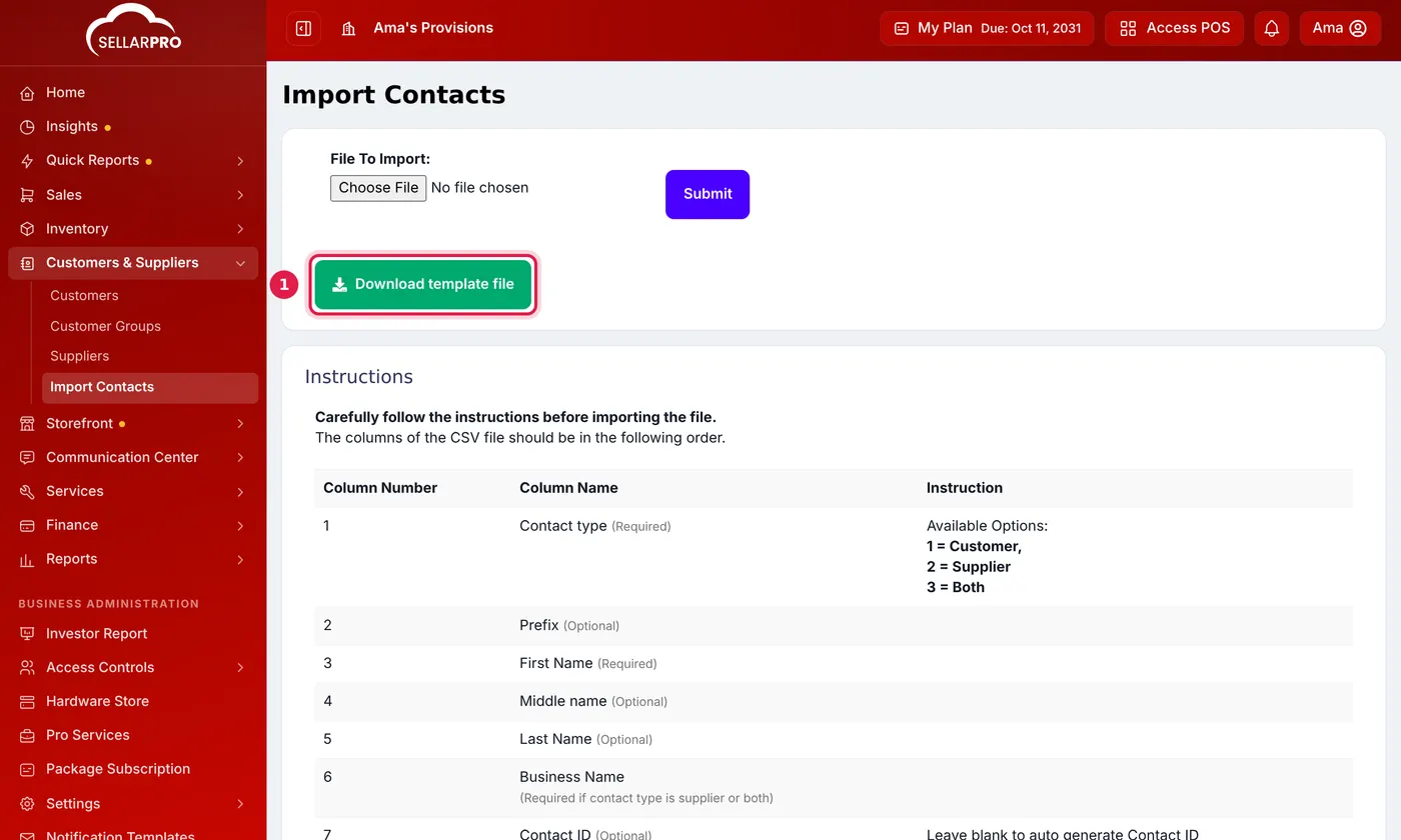 The Import Contacts page with the Download template file button outlined