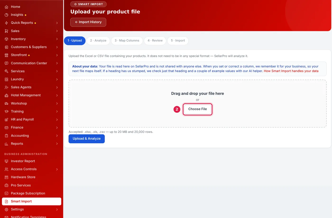 The Smart Import upload page with its five steps and the Choose File button outlined