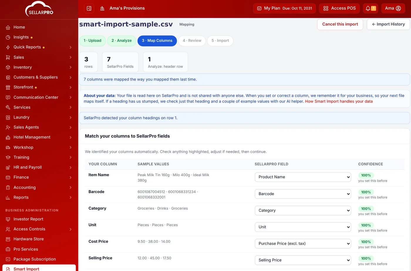 Match your columns to SellarPro fields: Item Name to Product Name, Barcode, Category, Unit, Cost Price to Purchase Price, Selling Price and Qty to Opening Stock, each at 100% confidence