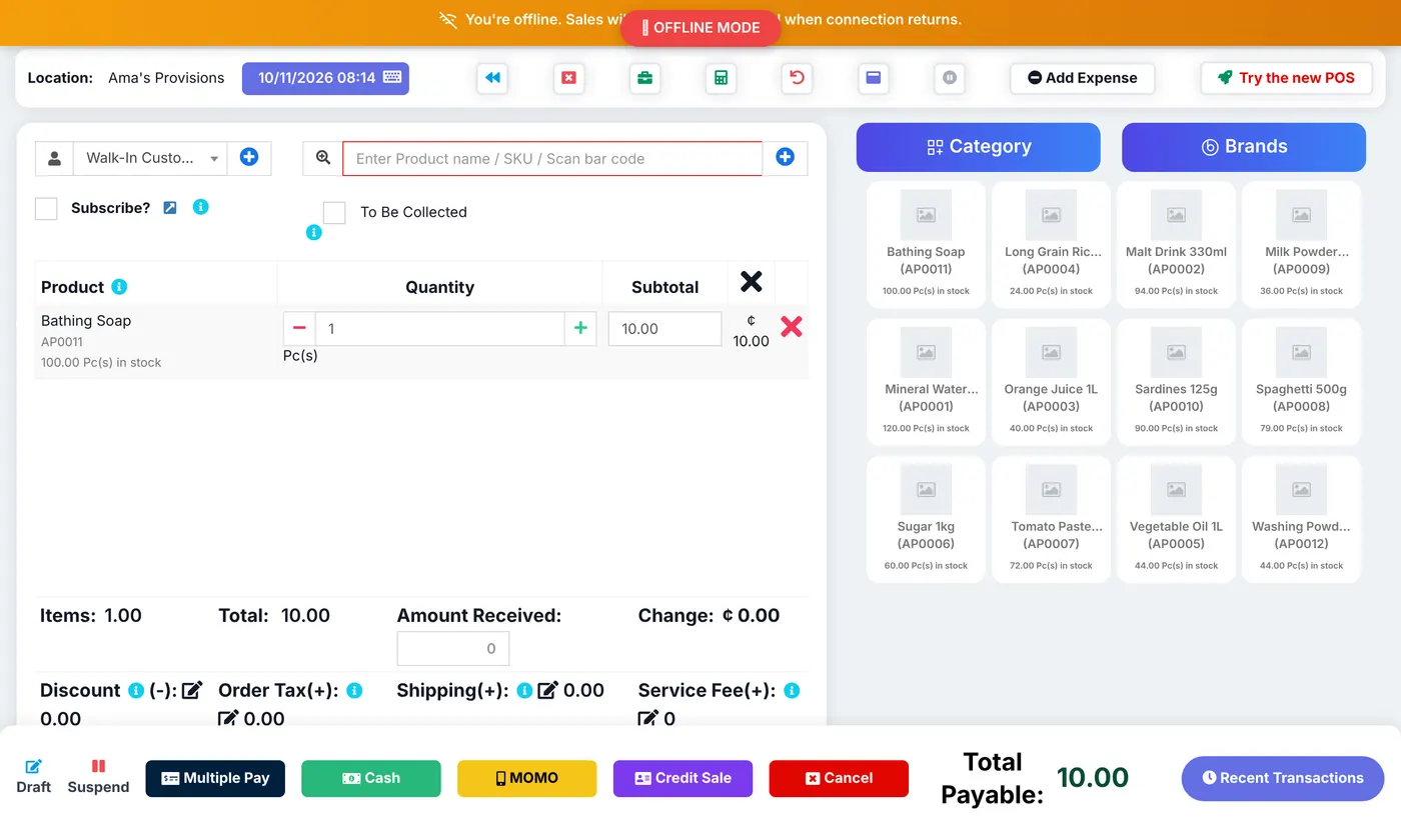 The POS screen in offline mode with an offline banner