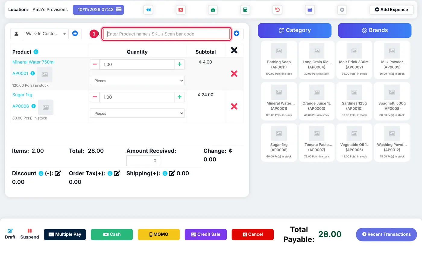 The POS screen with items in the cart