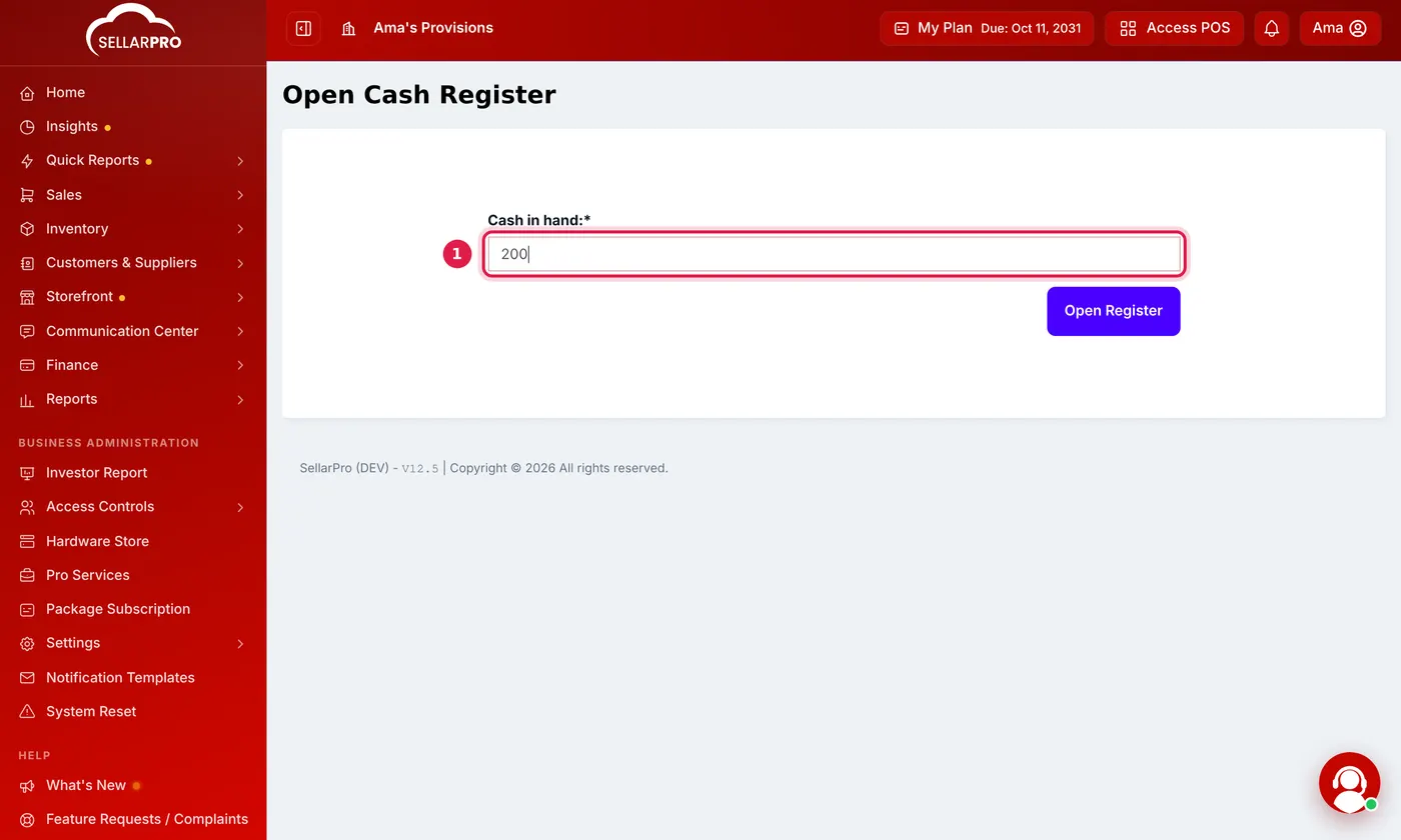 The open cash register page with the opening cash typed in