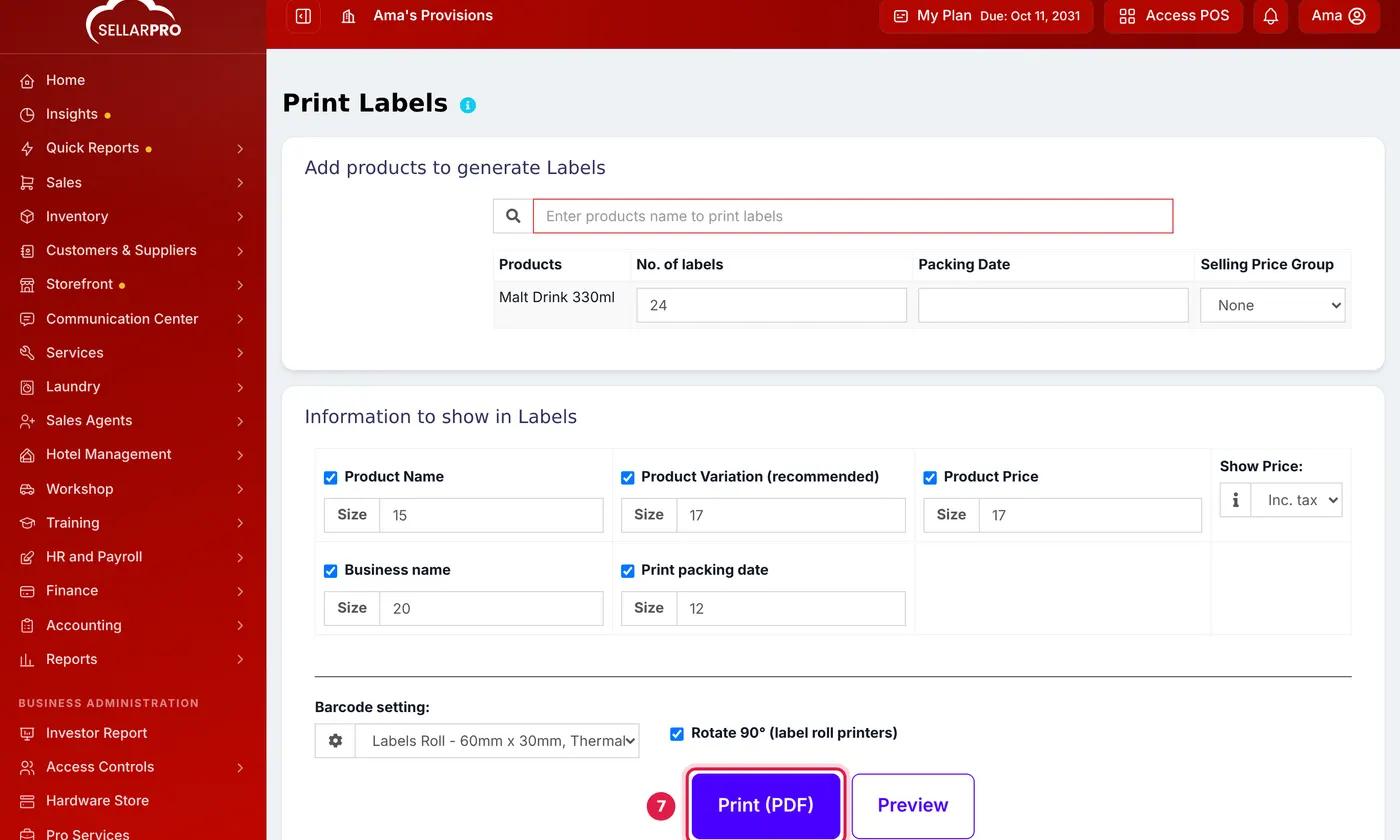The Print Labels page with 24 labels for Malt Drink 330ml and the Print (PDF) button outlined