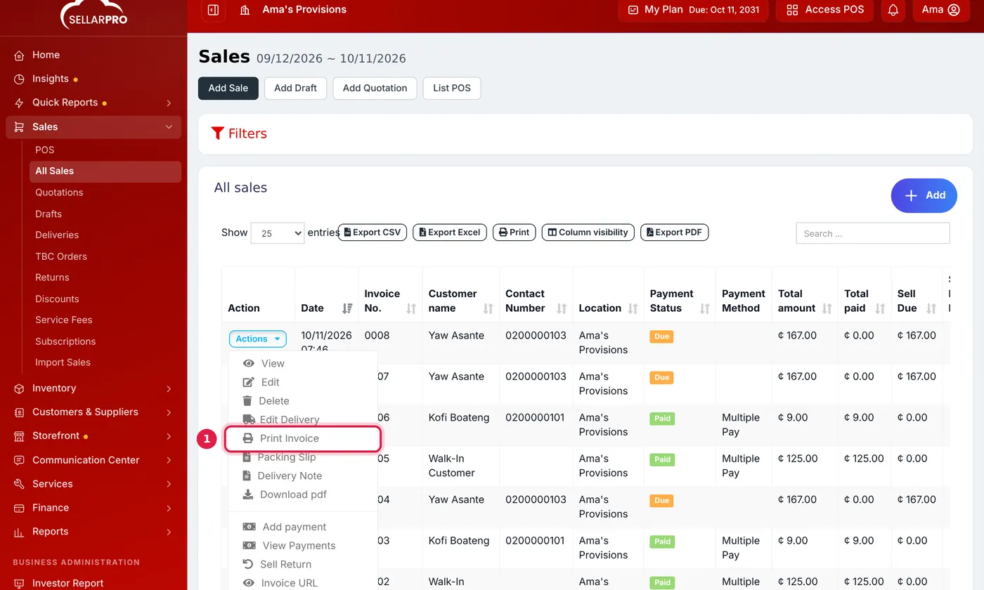 The All Sales list with a sale Actions menu open and Print Invoice outlined