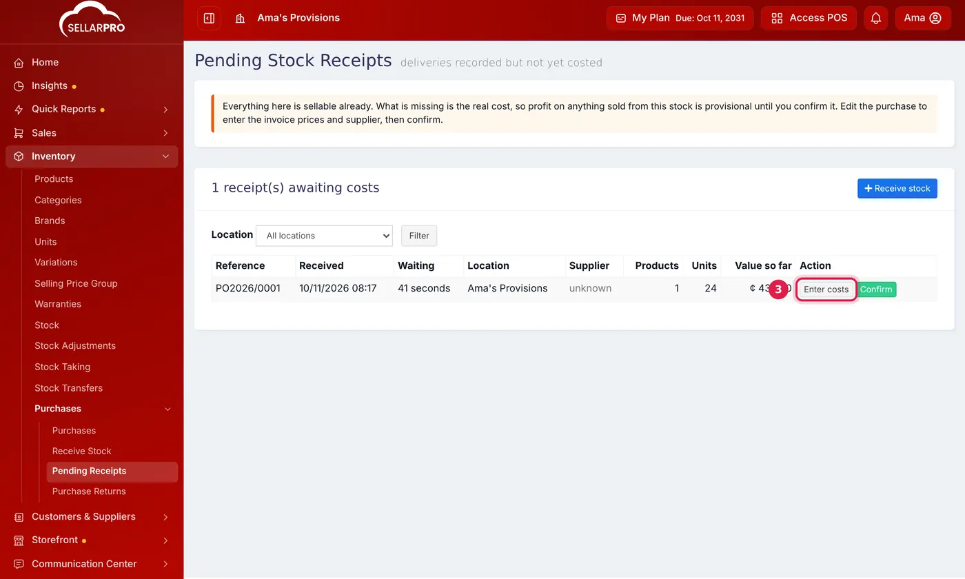 The Pending Stock Receipts page with a delivery waiting and its Enter costs button outlined
