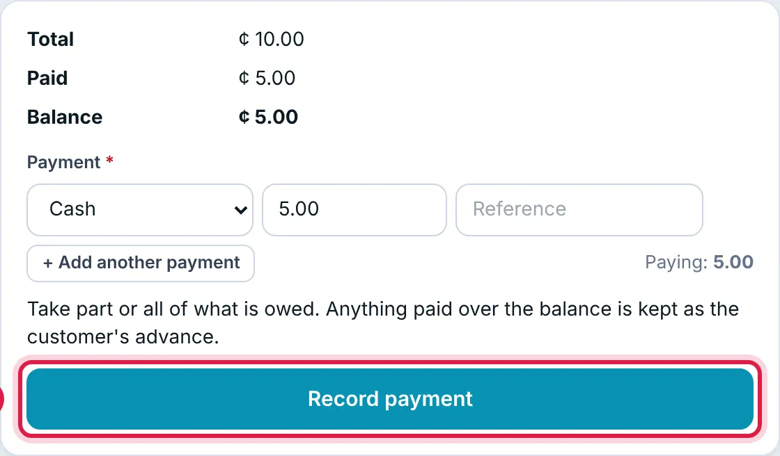 The Record payment page for a laundry ticket, with Total, Paid and Balance, the payment amount and method, and the Record payment button outlined
