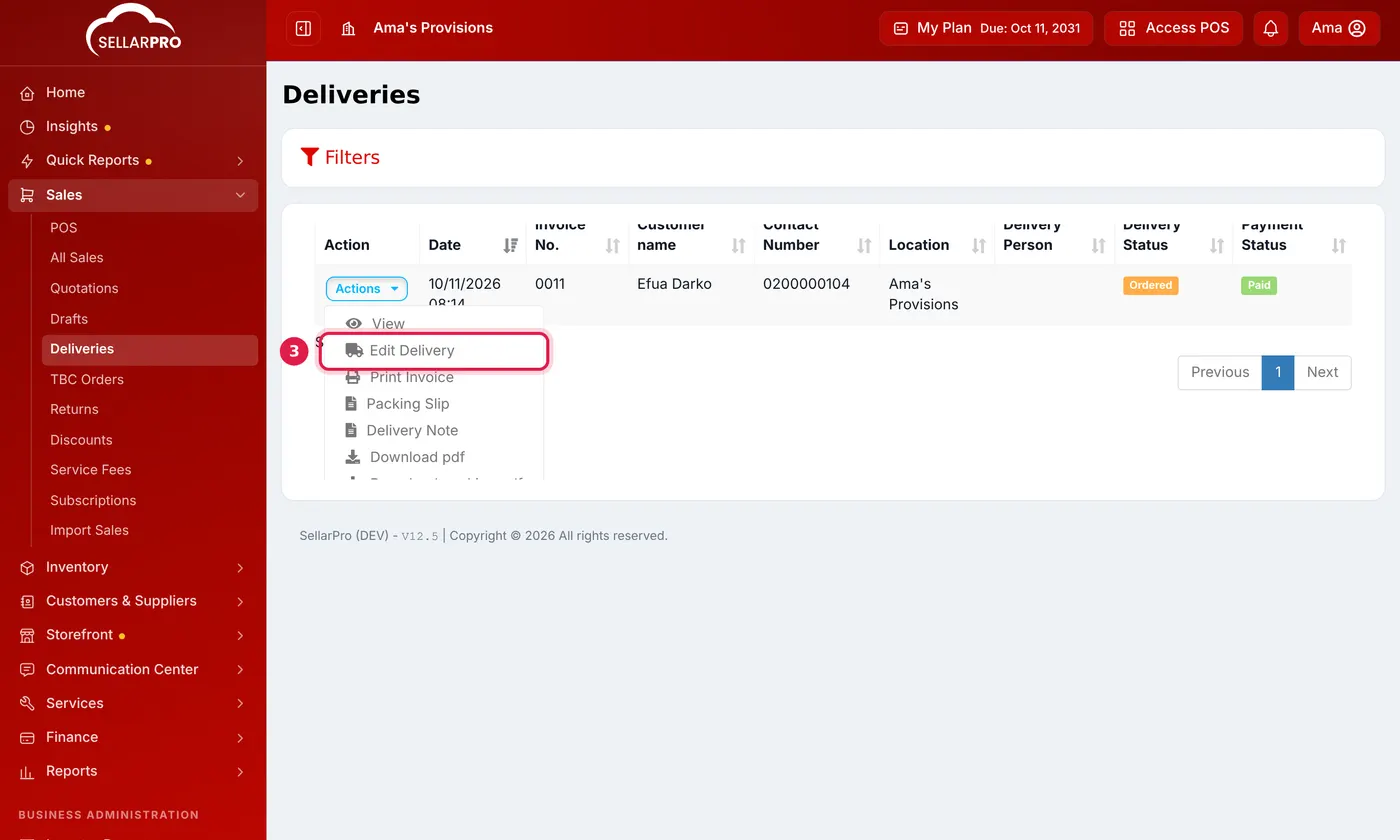 The Deliveries page with an order's Actions menu open and Edit Delivery outlined