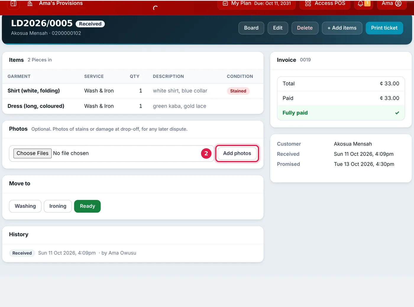The ticket page with a stained shirt listed under Items and the Photos section with its Add photos button outlined