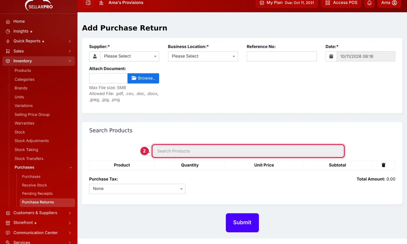 The Add Purchase Return page with the Search Products box outlined