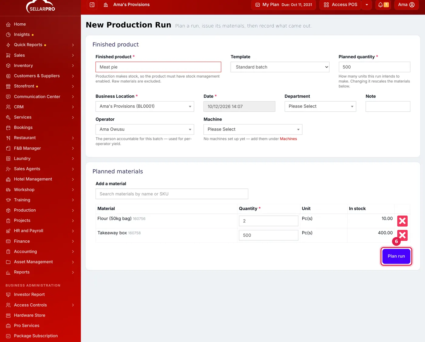New Production Run for Meat pie with the template, a planned quantity of 500, the location, operator and the planned materials