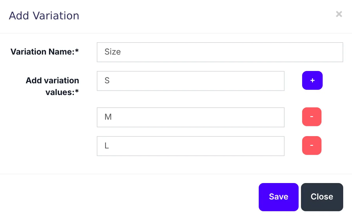 The Add variation window with Size as the name and S, M and L as its values