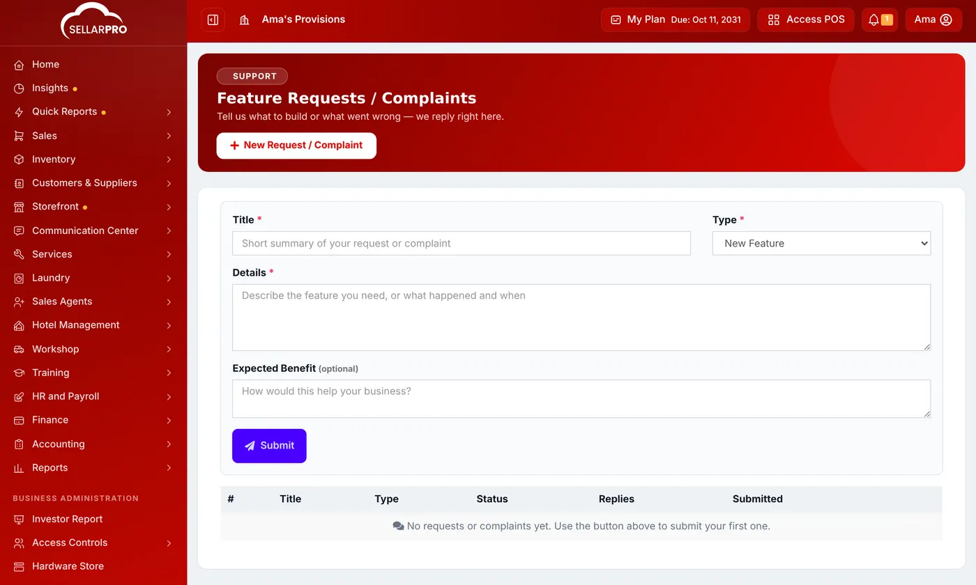 The New Request / Complaint form with Title, Type, Details and Expected Benefit