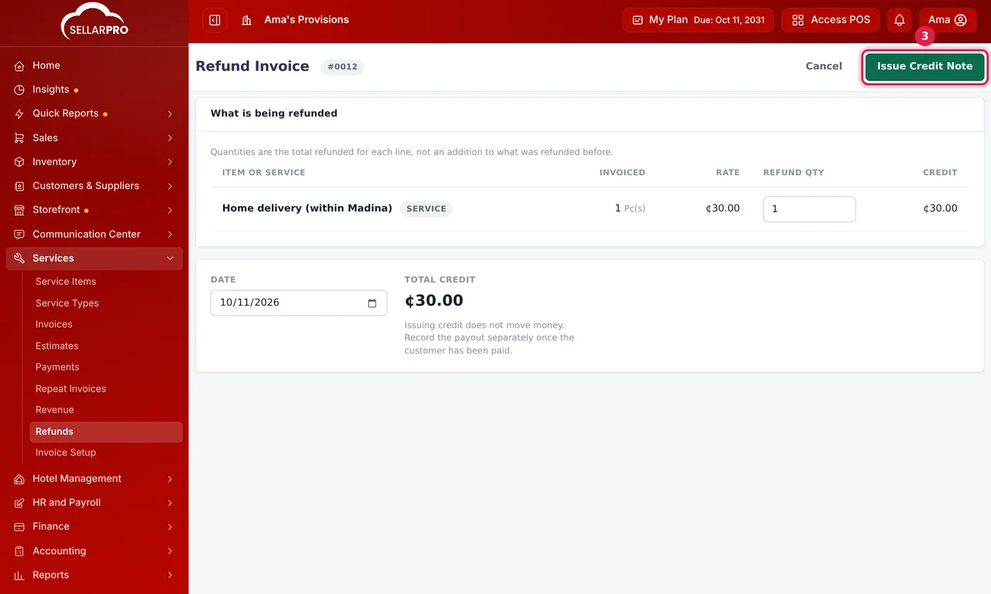 The Refund Invoice page refunding one home delivery, with a total credit of 30.00