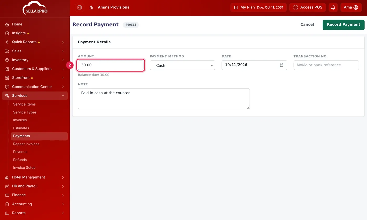 The Record Payment form with the amount of 30.00 and the balance due shown under it