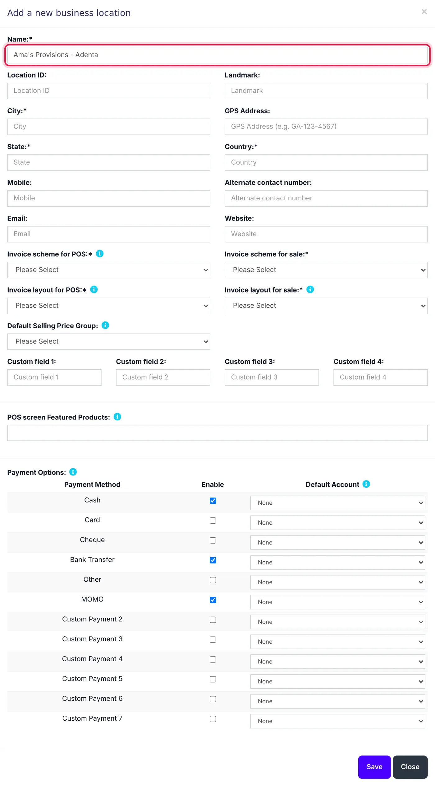 The Add a new business location window, from Name down to the Payment Options table