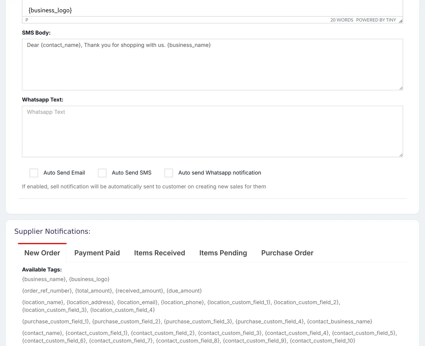 The New Sale customer notification with its tags, email and SMS boxes and the Auto Send Email and Auto Send SMS ticks