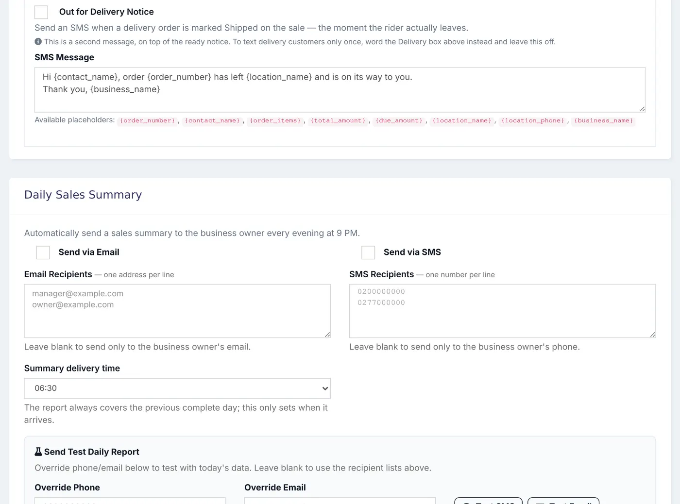The Automated SMS tab of Communication Center settings with the Daily Sales Summary and its email and SMS recipients