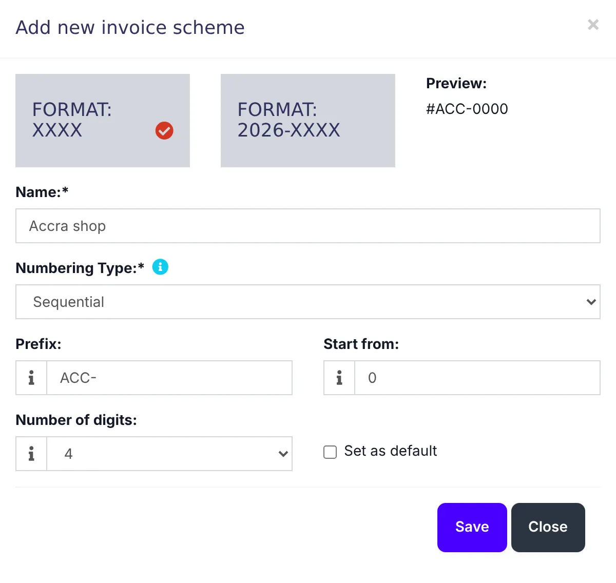 The Add invoice scheme window with Name, Numbering Type and Number of digits