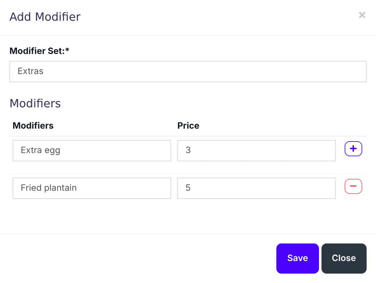The Add modifier set window with the set name Extras and options such as Extra egg and Plantain with their prices